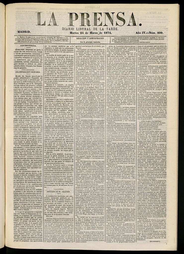 Miniatura de La Prensa : diario de la mañana : político, literario y de noticias del 24 de marzo de 1874, nº 899