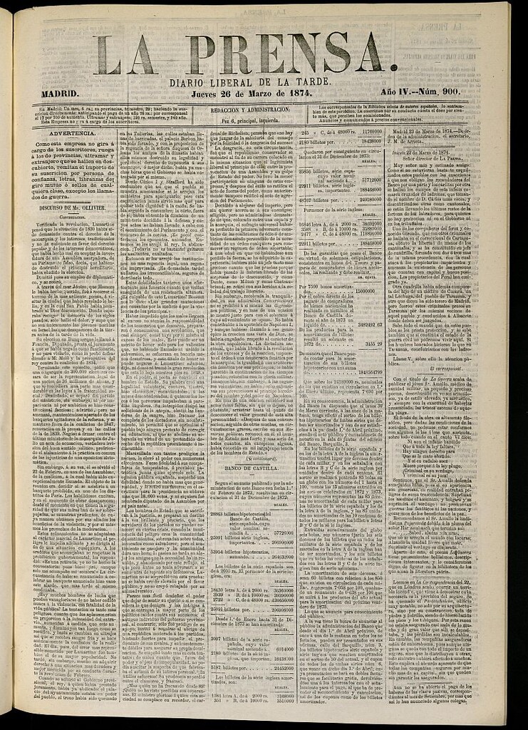 Miniatura de La Prensa : diario de la mañana : político, literario y de noticias del 26 de marzo de 1874, nº 900