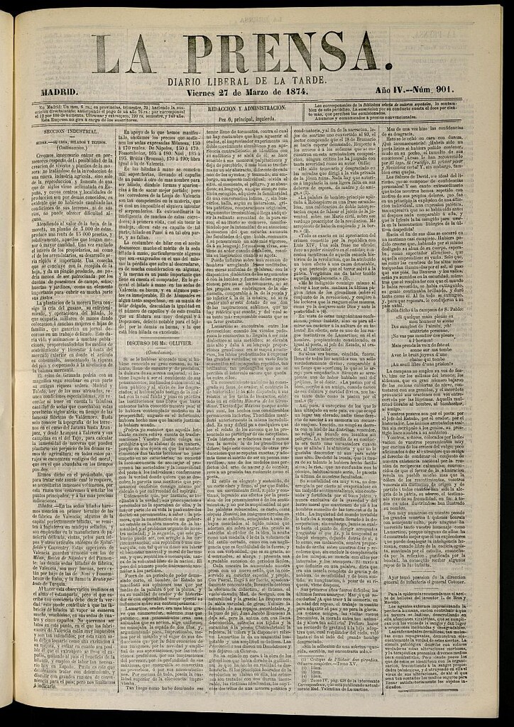 Miniatura de La Prensa : diario de la mañana : político, literario y de noticias del 27 de marzo de 1874, nº 901