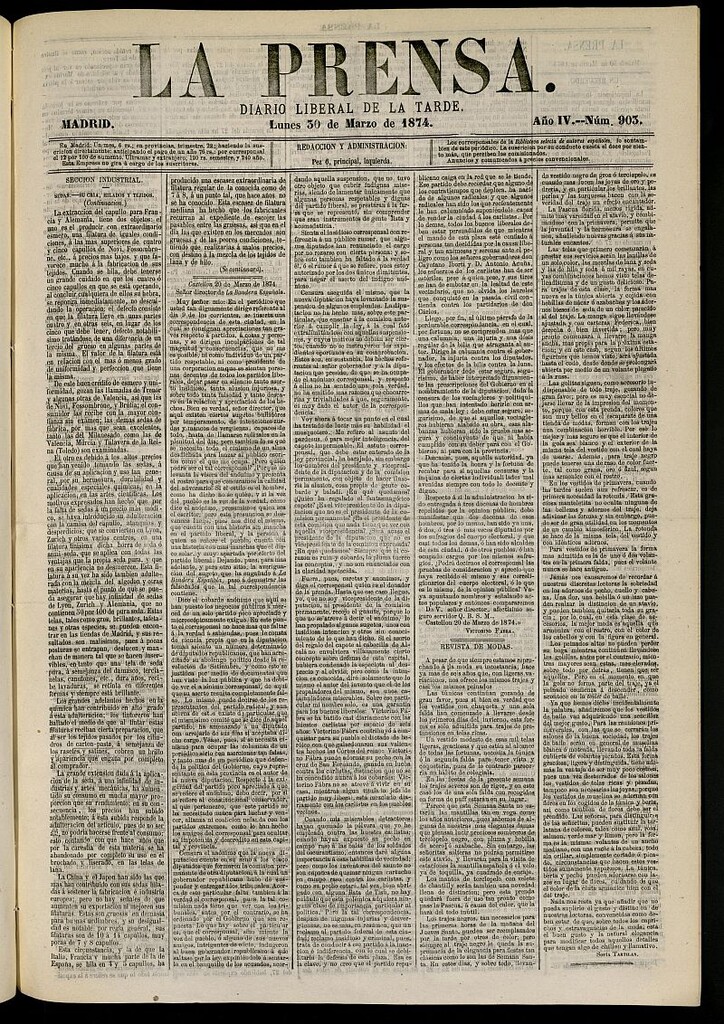 Miniatura de La Prensa : diario de la mañana : político, literario y de noticias del 30 de marzo de 1874, nº 903