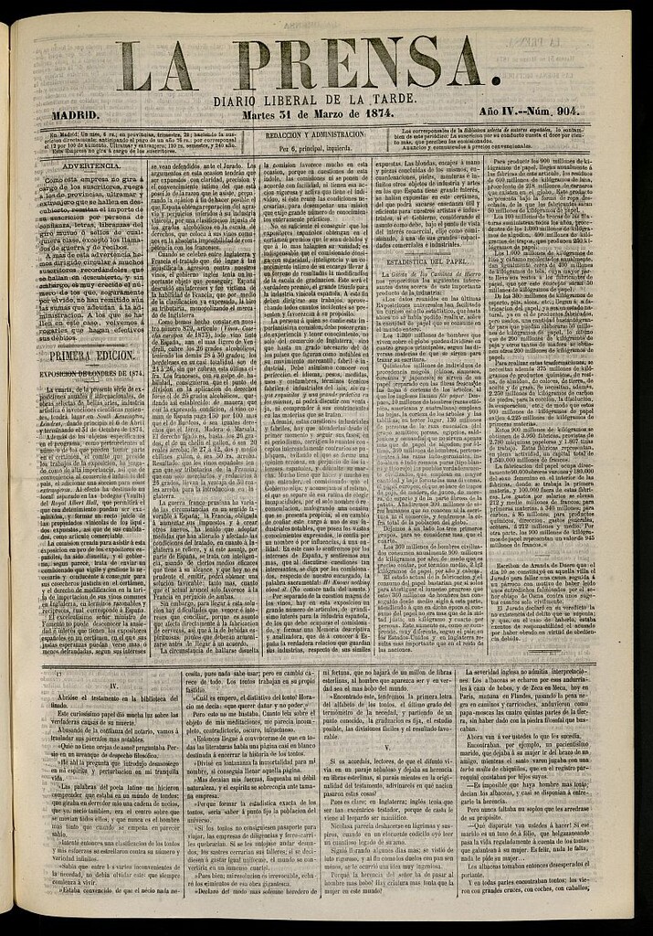 Miniatura de La Prensa : diario de la mañana : político, literario y de noticias del 31 de marzo de 1874, nº 904