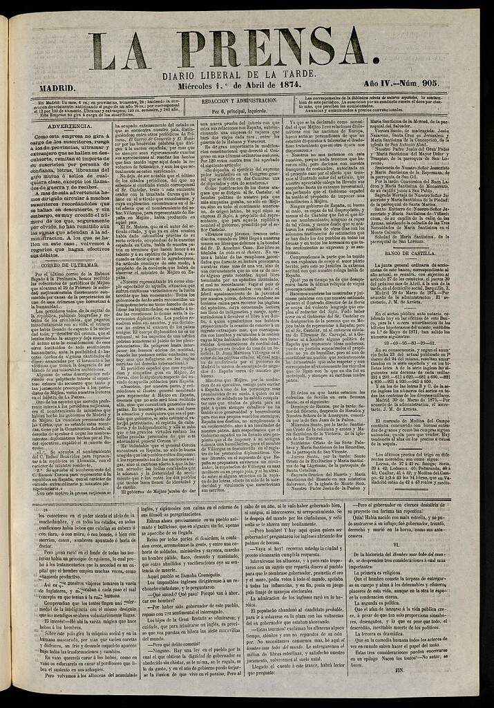 Miniatura de La Prensa : diario de la mañana : político, literario y de noticias del 1 de abril de 1874, nº 905
