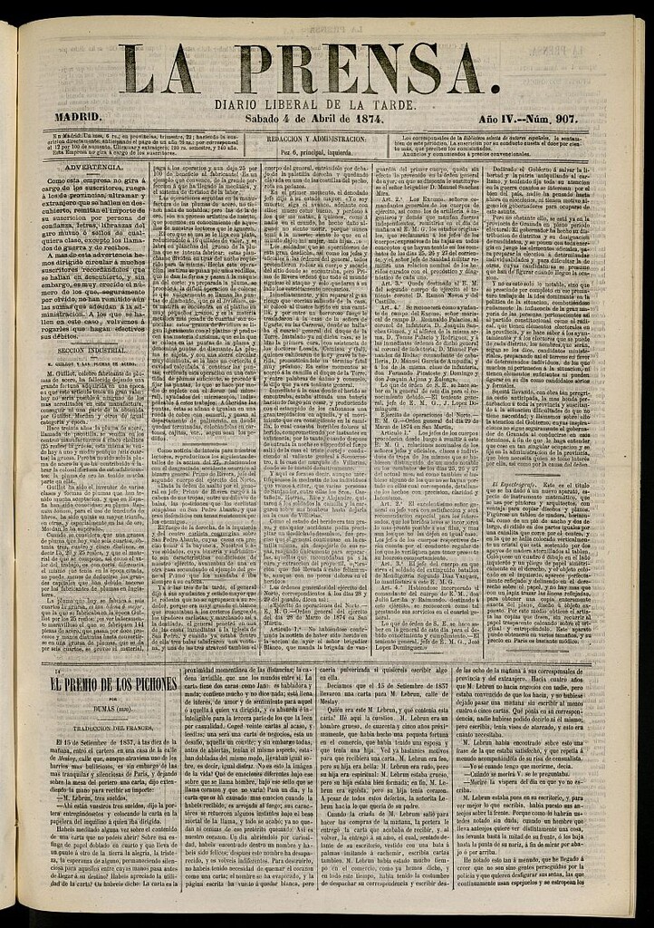 Miniatura de La Prensa : diario de la mañana : político, literario y de noticias del 4 de abril de 1874, nº 907