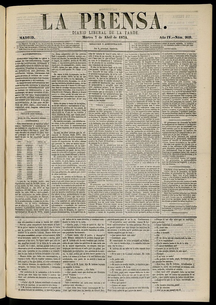 Miniatura de La Prensa : diario de la mañana : político, literario y de noticias del 7 de abril de 1874, nº 909