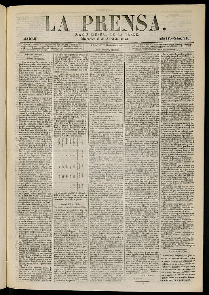 Miniatura de La Prensa : diario de la mañana : político, literario y de noticias del 8 de abril de 1874, nº 910