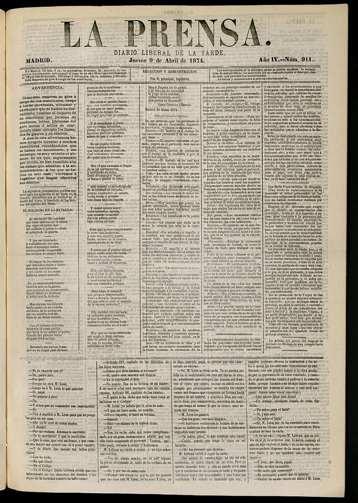 Miniatura de La Prensa : diario de la mañana : político, literario y de noticias del 9 de abril de 1874, nº 911