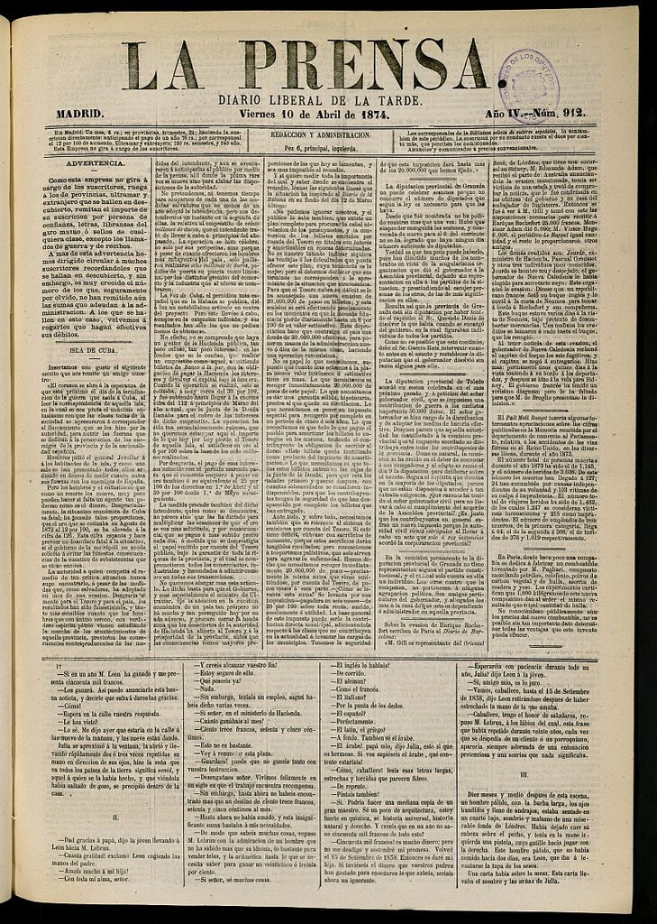 Miniatura de La Prensa : diario de la mañana : político, literario y de noticias del 10 de abril de 1874, nº 912