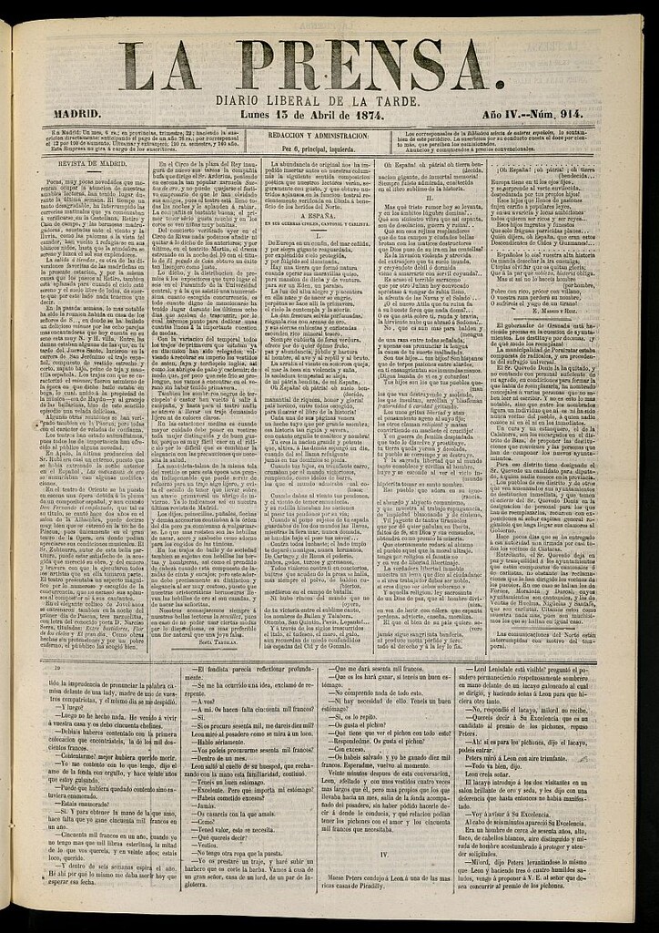 Miniatura de La Prensa : diario de la mañana : político, literario y de noticias del 13 de abril de 1874, nº 914
