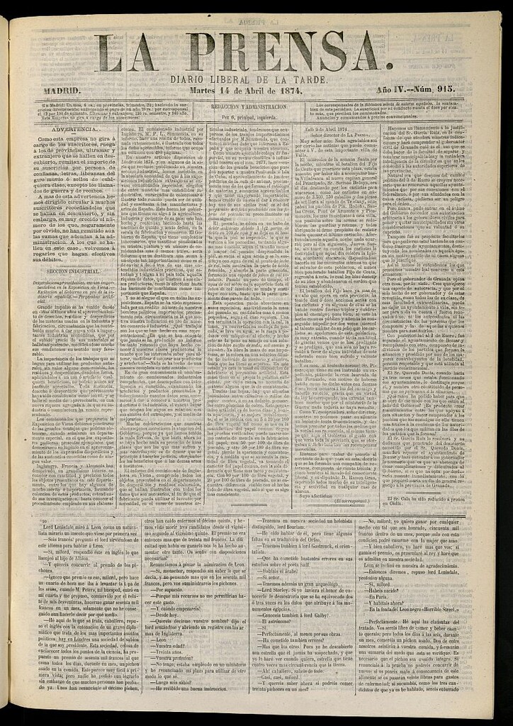 Miniatura de La Prensa : diario de la mañana : político, literario y de noticias del 14 de abril de 1874, nº 915