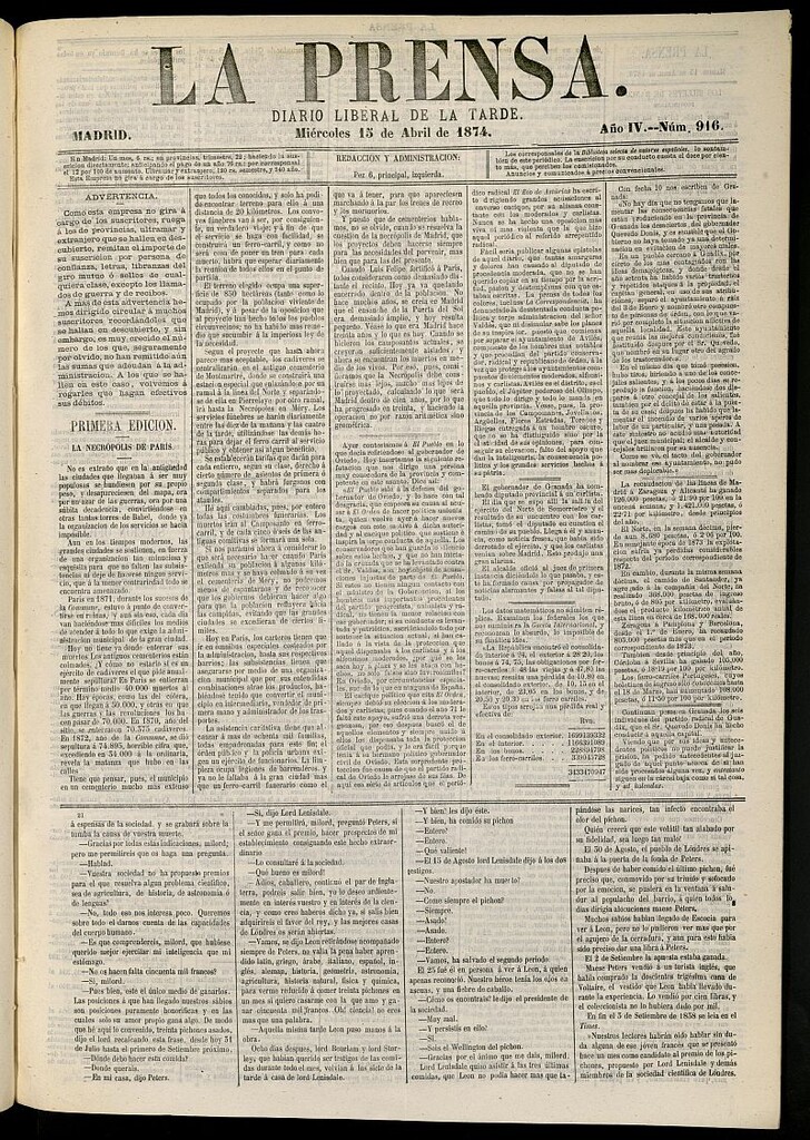 Miniatura de La Prensa : diario de la mañana : político, literario y de noticias del 15 de abril de 1874, nº 916
