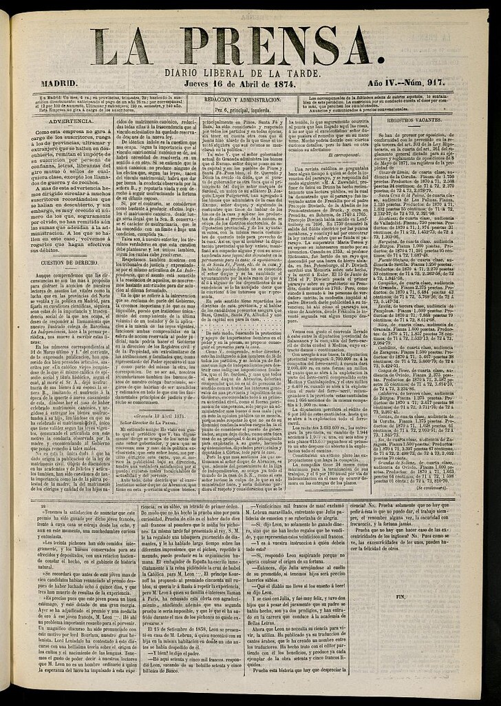 Miniatura de La Prensa : diario de la mañana : político, literario y de noticias de 16 de abril de 1874, nº 917