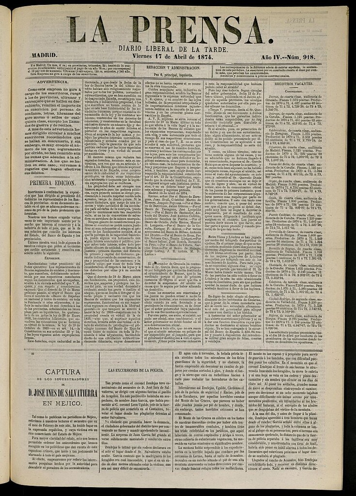 Miniatura de La Prensa : diario de la mañana : político, literario y de noticias del 17 de abril de 1874, nº 918