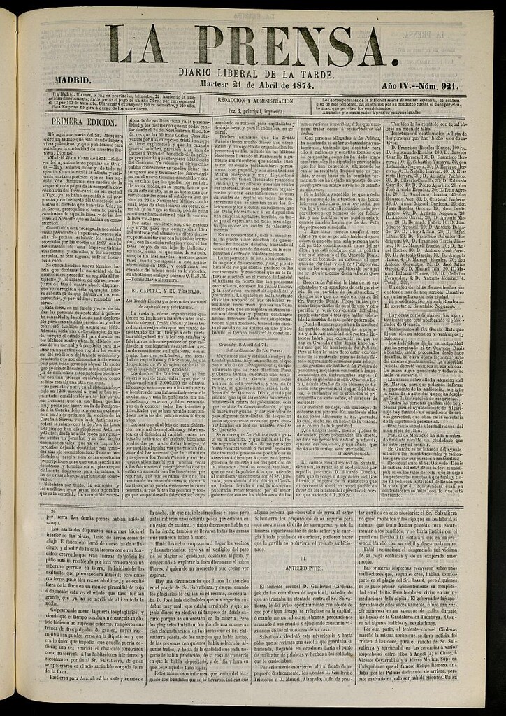 Miniatura de La Prensa : diario de la mañana : político, literario y de noticias del 21 de abril de 1874, nº 921