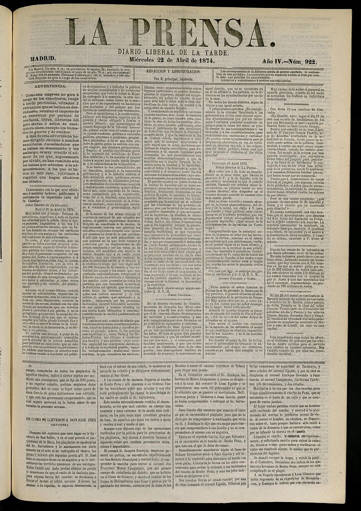 Miniatura de La Prensa : diario de la mañana : político, literario y de noticias del 22 de abril de 1874, nº 922