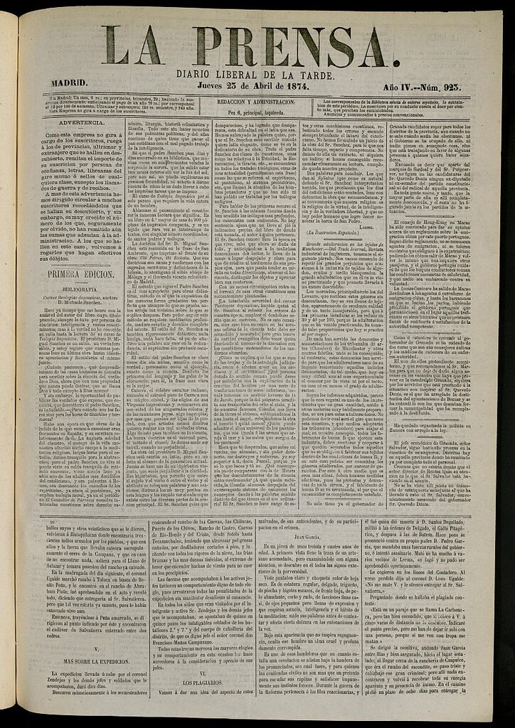 Miniatura de La Prensa : diario de la mañana : político, literario y de noticias del 23 de abril de 1874, nº 923
