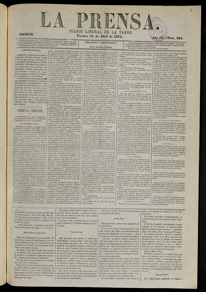 Miniatura de La Prensa : diario de la mañana : político, literario y de noticias del 24 de abril de 1874, nº 924