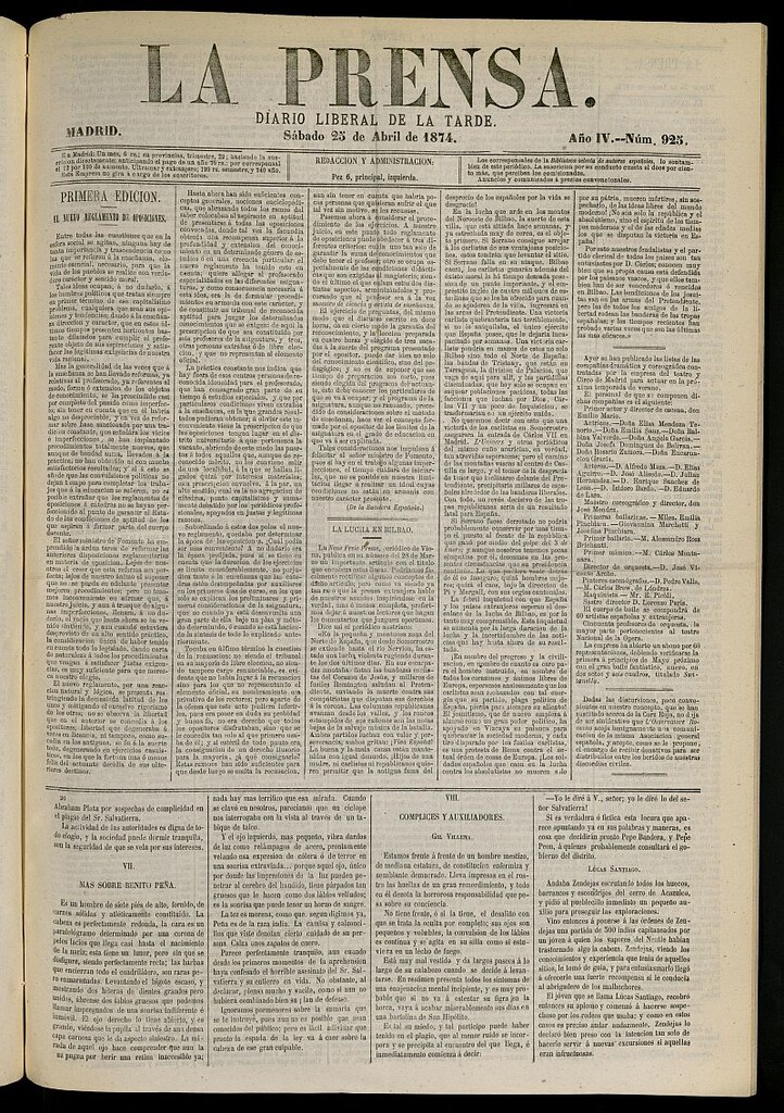 Miniatura de La Prensa : diario de la mañana : político, literario y de noticias del 25 de abril de 1874, nº 925