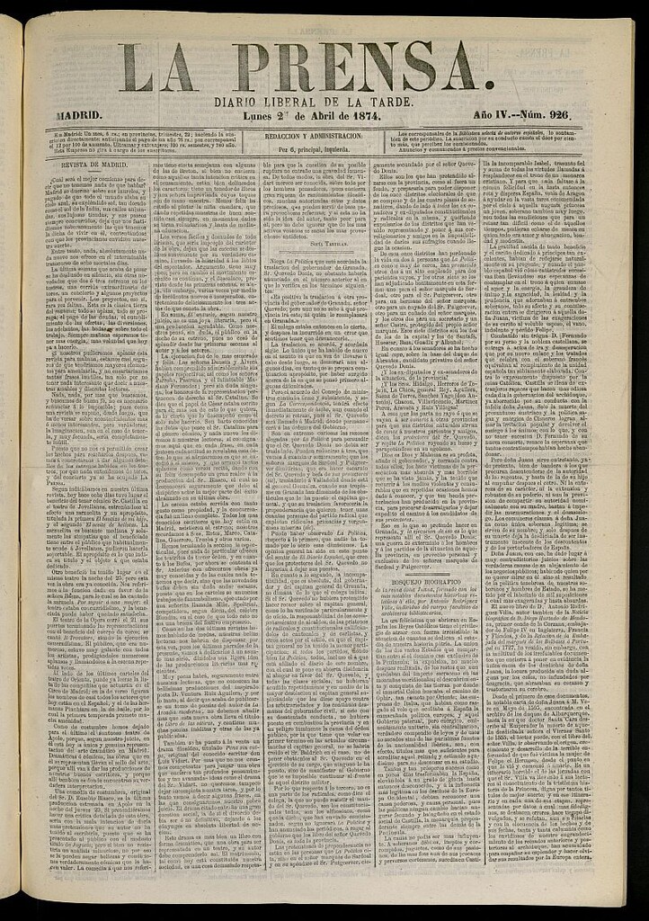 Miniatura de La Prensa : diario de la mañana : político, literario y de noticias del 27 de abril de 1874, nº 926