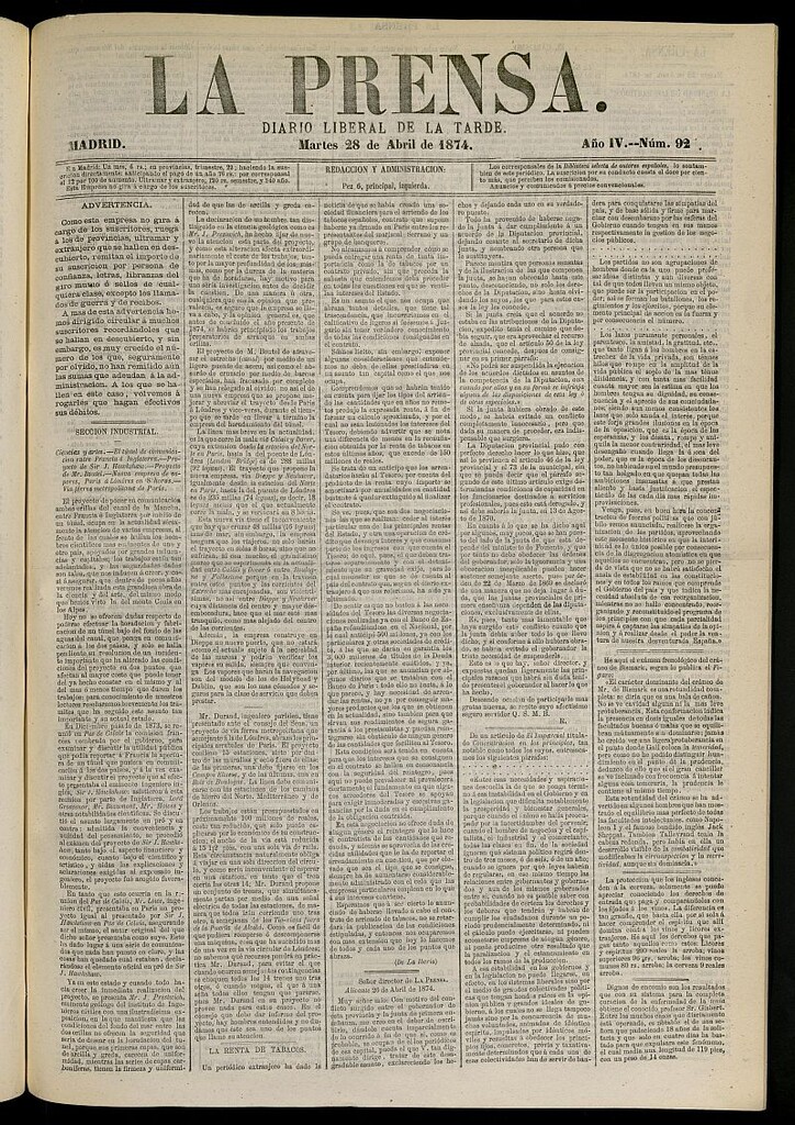 Miniatura de La Prensa : diario de la mañana : político, literario y de noticias del 28 de abril de 1874, nº 92 [sic]
