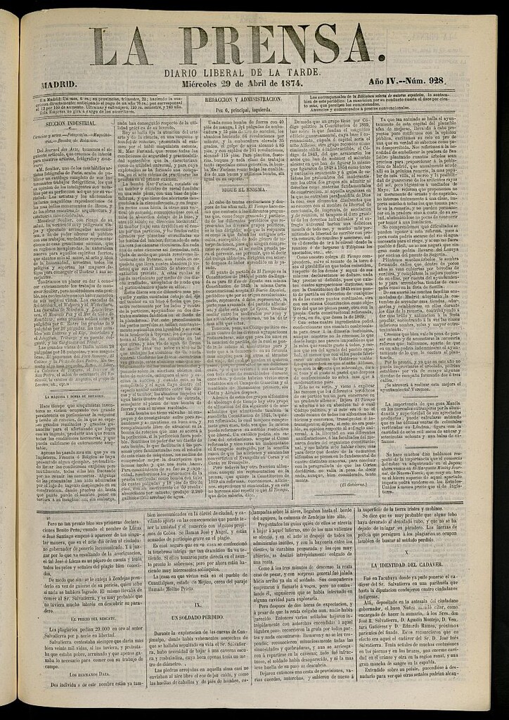 Miniatura de La Prensa : diario de la mañana : político, literario y de noticias del 29 de abril de 1874, nº 928