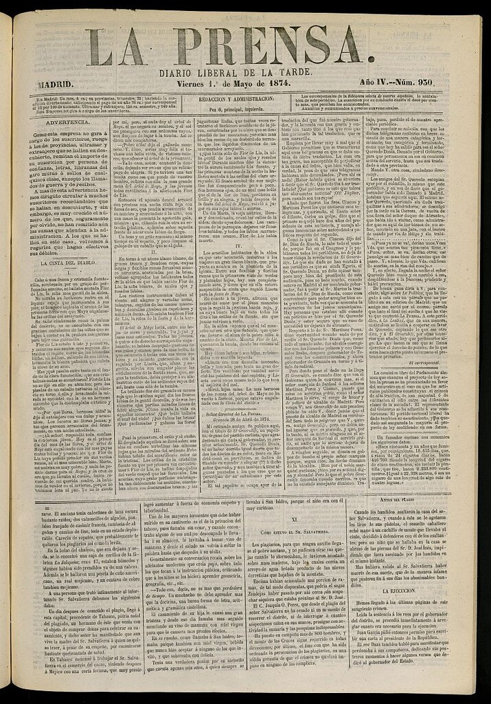 Miniatura de La Prensa : diario de la mañana : político, literario y de noticias del 1 de mayo de 1874, nº 930