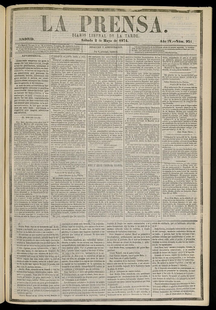 Miniatura de La Prensa : diario de la mañana : político, literario y de noticias del 2 de mayo de 1874, nº 931