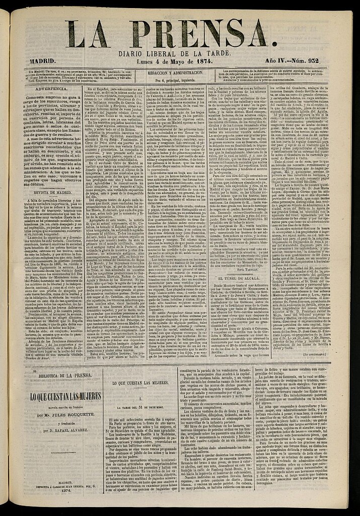 Miniatura de La Prensa : diario de la mañana : político, literario y de noticias del 4 de mayo de 1874, nº 932