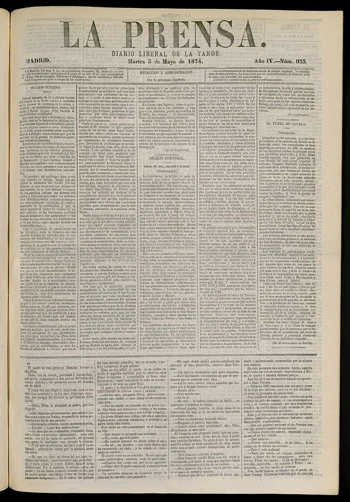 Miniatura de La Prensa : diario de la mañana : político, literario y de noticias del 5 de mayo de 1874, nº 933