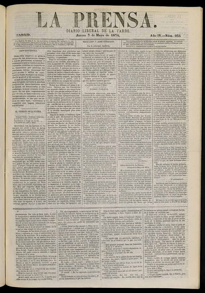 Miniatura de La Prensa : diario de la mañana : político, literario y de noticias del 7 de mayo de 1874, nº 935