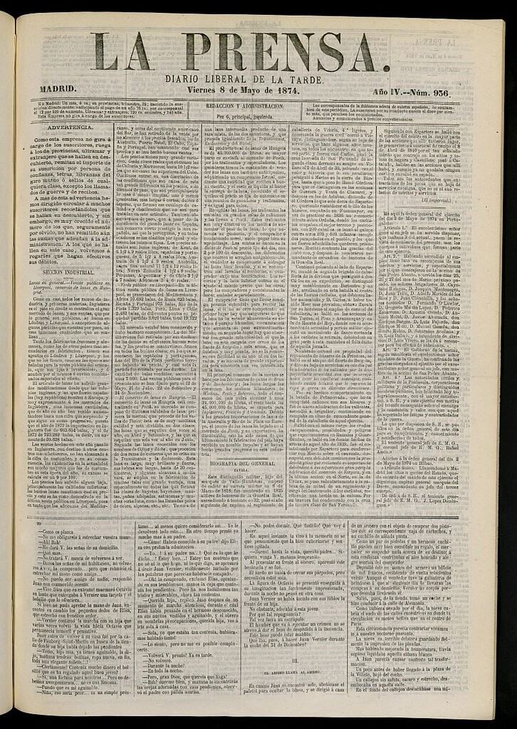 Miniatura de La Prensa : diario de la mañana : político, literario y de noticias del 8 de mayo de 1874, nº 936