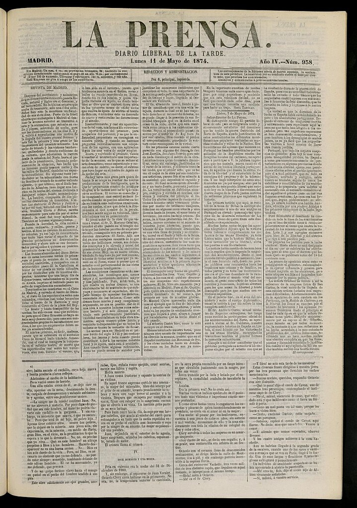 Miniatura de La Prensa : diario de la mañana : político, literario y de noticias del 11 de mayo de 1874, nº 938