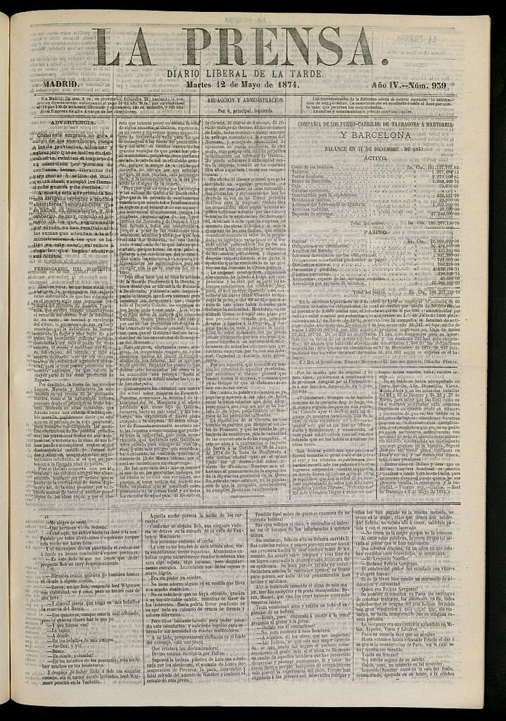 Miniatura de La Prensa : diario de la mañana : político, literario y de noticias del 12 de mayo de 1874, nº 939