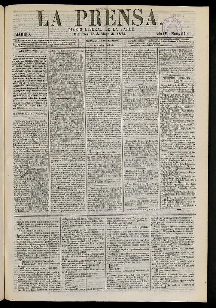 Miniatura de La Prensa : diario de la mañana : político, literario y de noticias del 13 de mayo de 1874, nº 940