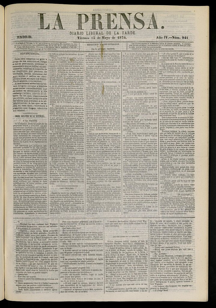 Miniatura de La Prensa : diario de la mañana : político, literario y de noticias del 15 de mayo de 1874, nº 941
