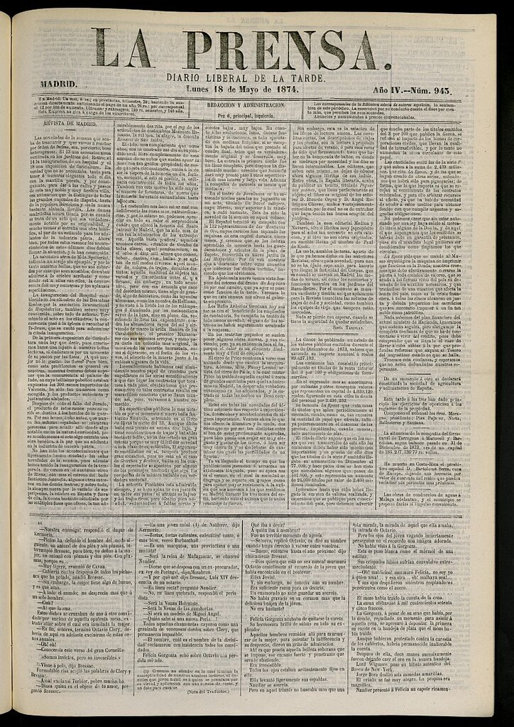 Miniatura de La Prensa : diario de la mañana : político, literario y de noticias del 18 de mayo de 1874, nº 943