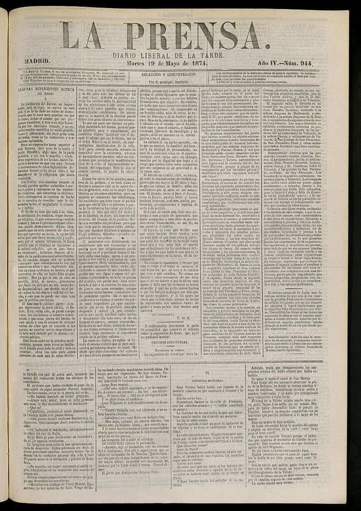 Miniatura de La Prensa : diario de la mañana : político, literario y de noticias del 19 de mayo de 1874, nº 944