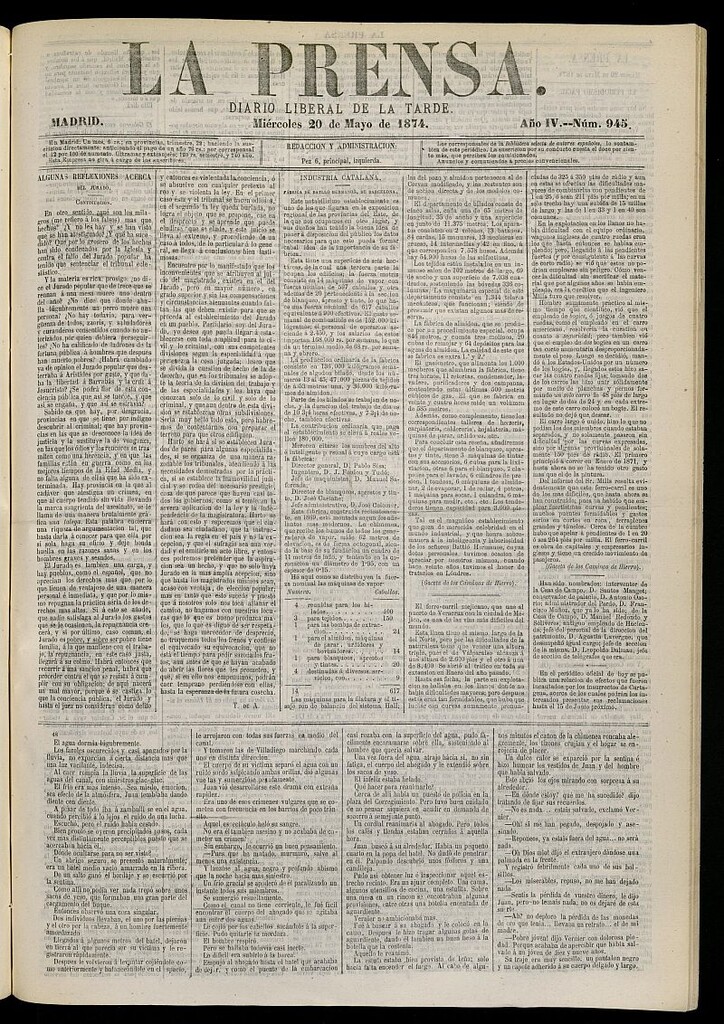 Miniatura de La Prensa : diario de la mañana : político, literario y de noticias del 20 de mayo de 1874, nº 945