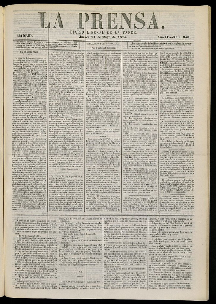 Miniatura de La Prensa : diario de la mañana : político, literario y de noticias del 21 de mayo de 1874, nº 946