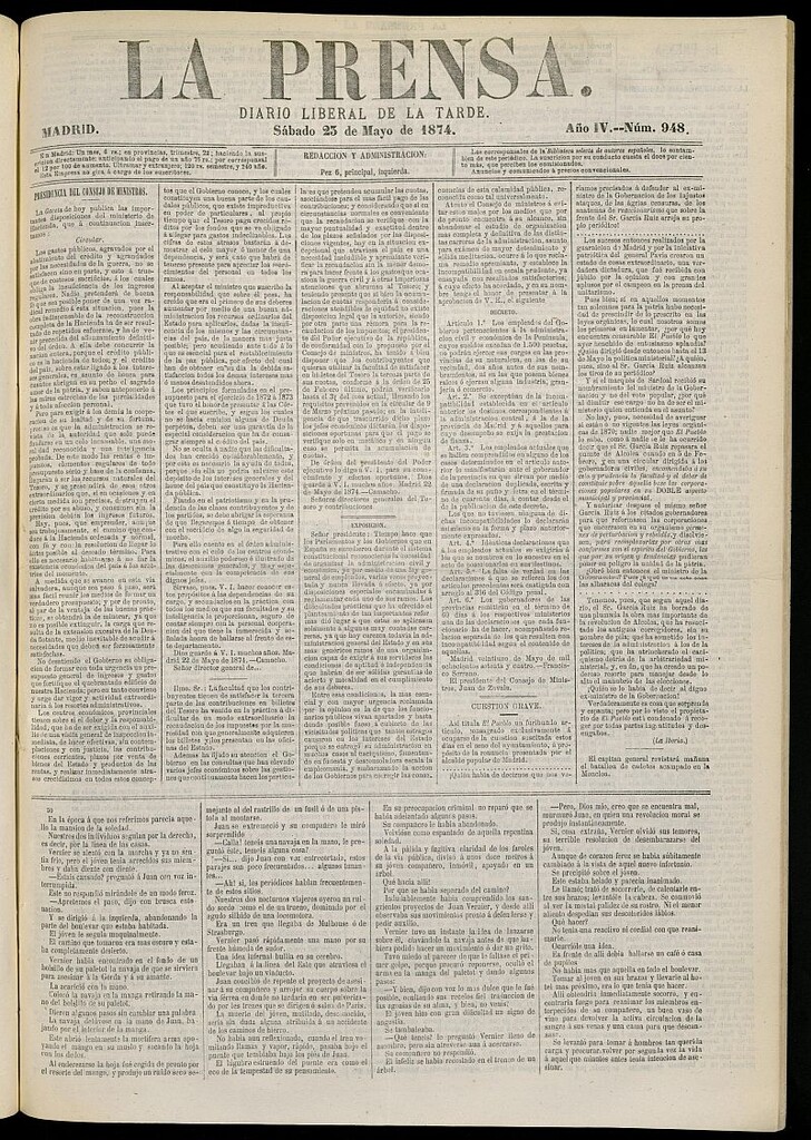 Miniatura de La Prensa : diario de la mañana : político, literario y de noticias del 23 de mayo de 1874, nº 948