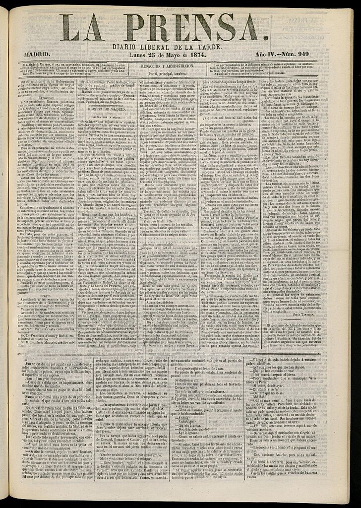 Miniatura de La Prensa : diario de la mañana : político, literario y de noticias del 25 de mayo de 1874, nº 949