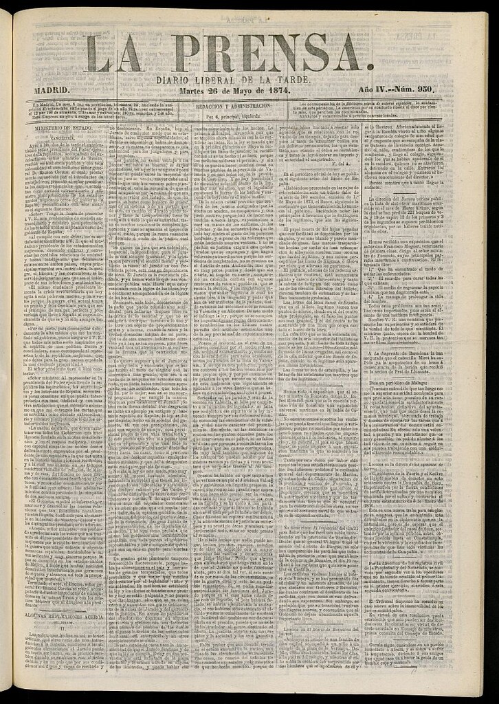 Miniatura de La Prensa : diario de la mañana : político, literario y de noticias del 26 de mayo de 1874, nº 950