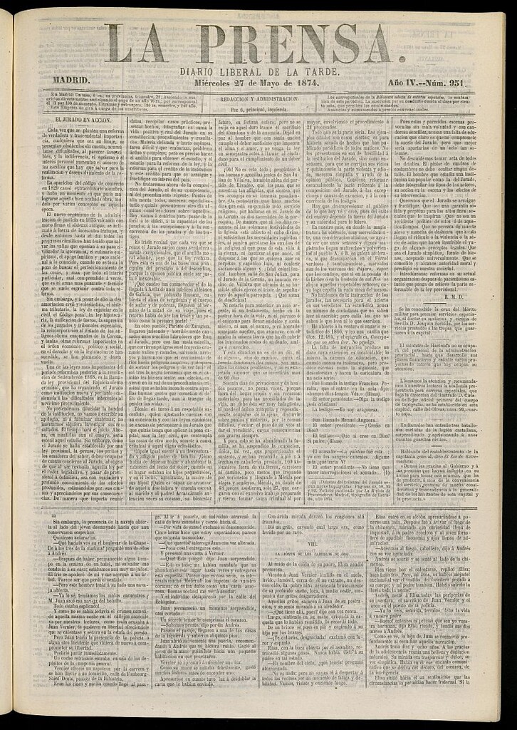 Miniatura de La Prensa : diario de la mañana : político, literario y de noticias del 27 de mayo de 1874, nº 951