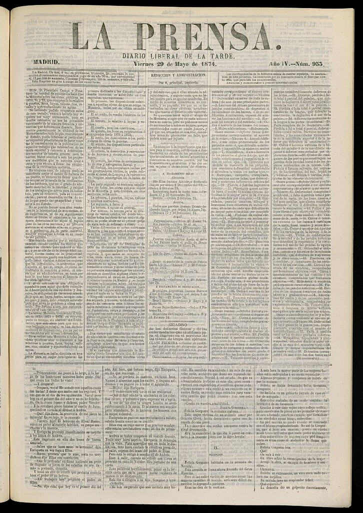 Miniatura de La Prensa : diario de la mañana : político, literario y de noticias del 29 de mayo de 1874, nº 953