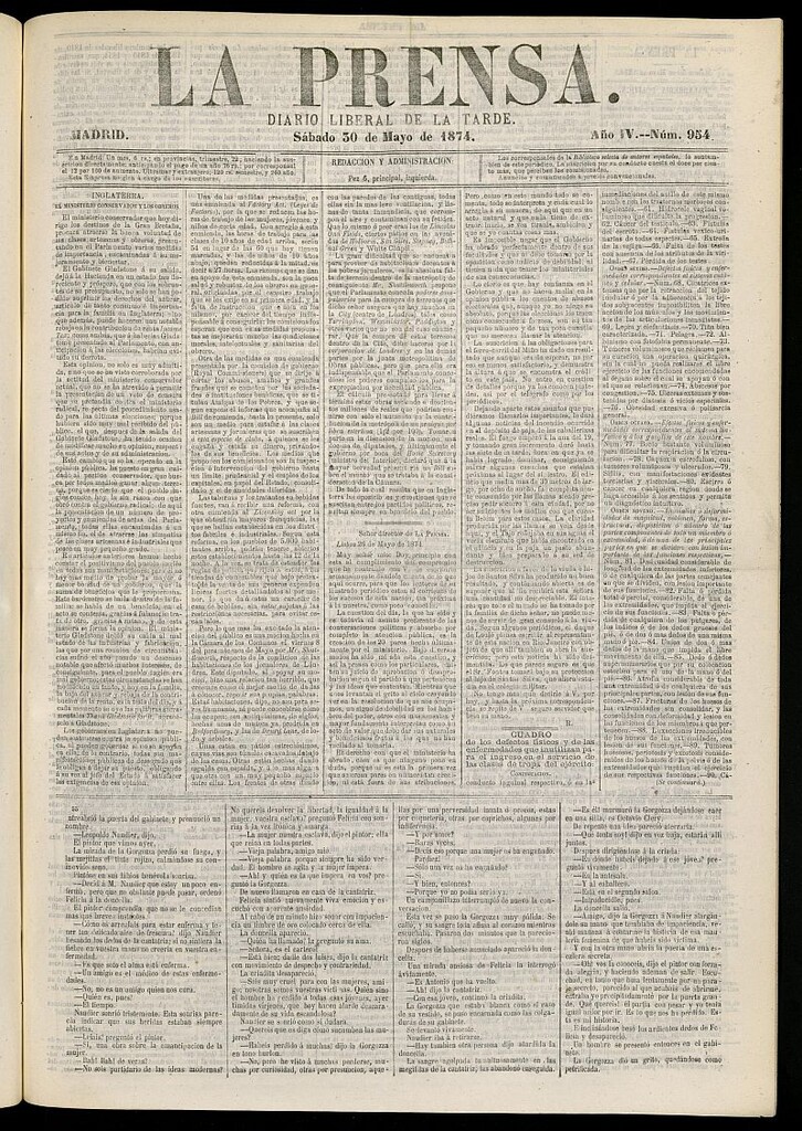 Miniatura de La Prensa : diario de la mañana : político, literario y de noticias del 30 de mayo de 1874, nº 954