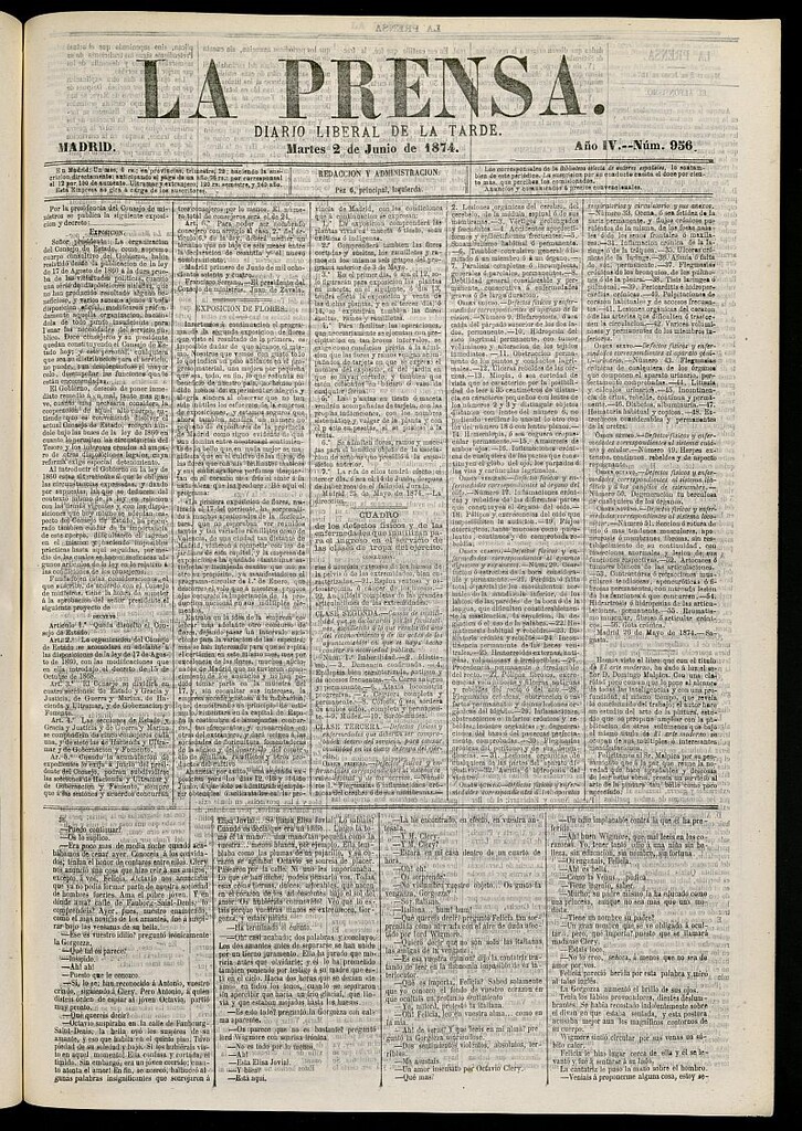 Miniatura de La Prensa : diario de la mañana : político, literario y de noticias del 2 de junio de 1874, nº 956