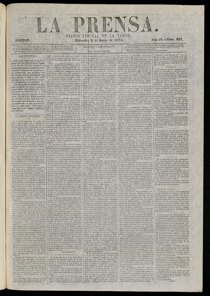 Miniatura de La Prensa : diario de la mañana : político, literario y de noticias del 3 de junio de 1874, nº 957