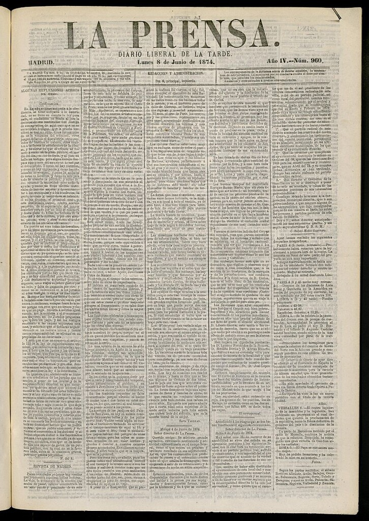 Miniatura de La Prensa : diario de la mañana : político, literario y de noticias del 8 de junio de 1874, nº 960
