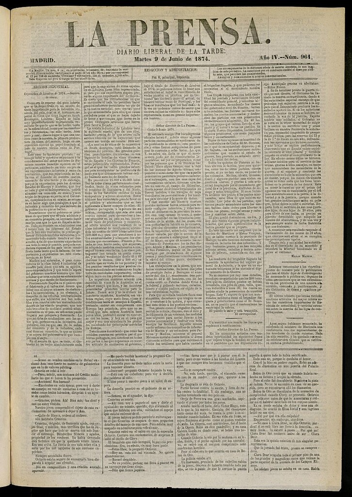 Miniatura de La Prensa : diario de la mañana : político, literario y de noticias del 9 de junio de 1874, nº 961