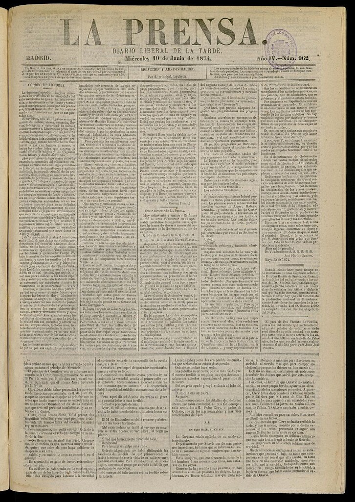 Miniatura de La Prensa : diario de la mañana : político, literario y de noticias del 10 de junio de 1874, nº 962