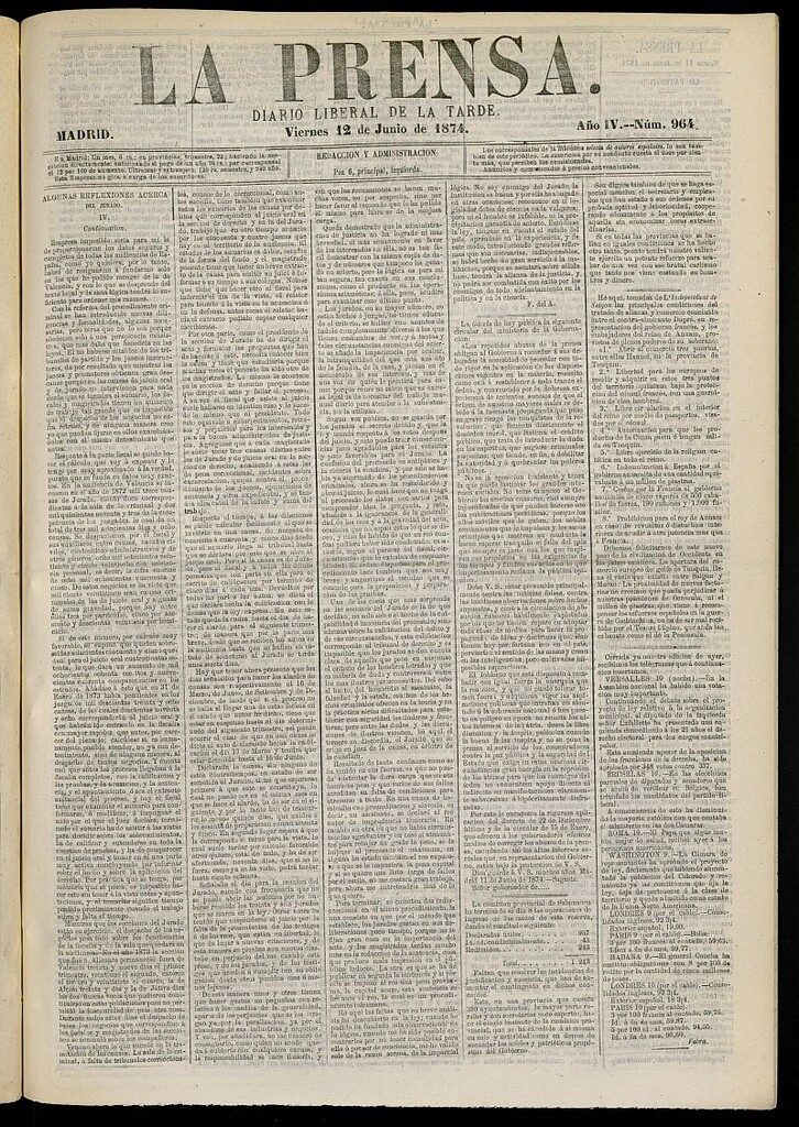 Miniatura de La Prensa : diario de la mañana : político, literario y de noticias del 12 de junio de 1874, nº 964